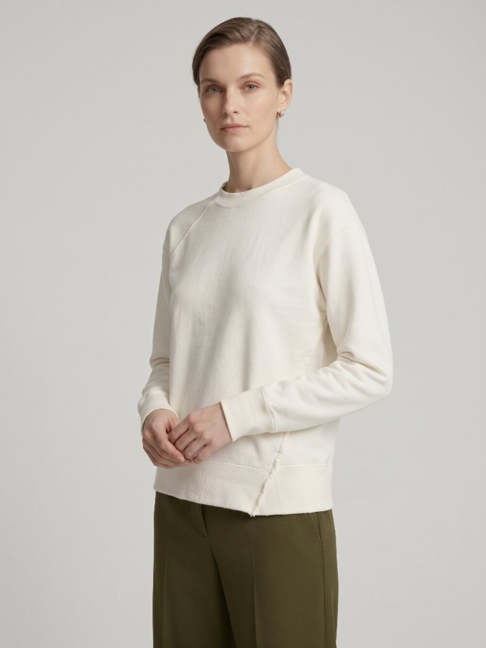 HELMUT LANG Cream French Terry Asymmetric Seam Raw Edge Sweatshirt Size S